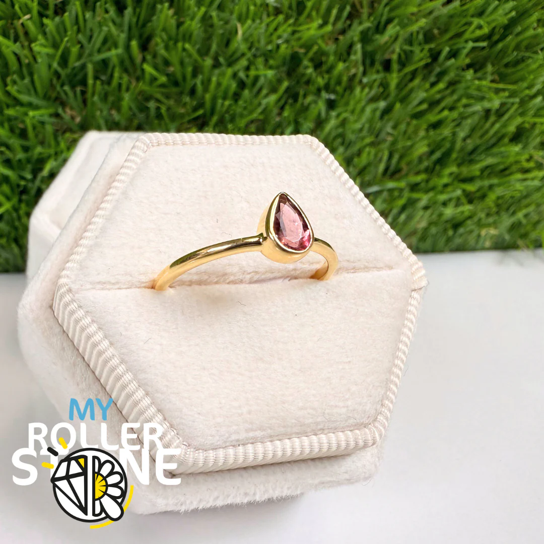Bague Argent plaqué Or 18K Tourmaline Rose Goutte facettée (R819G)