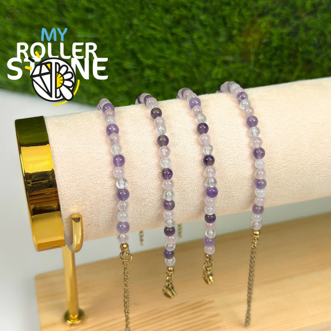 Bracelet Quartz rose et Améthyste Acier inoxydable réglable