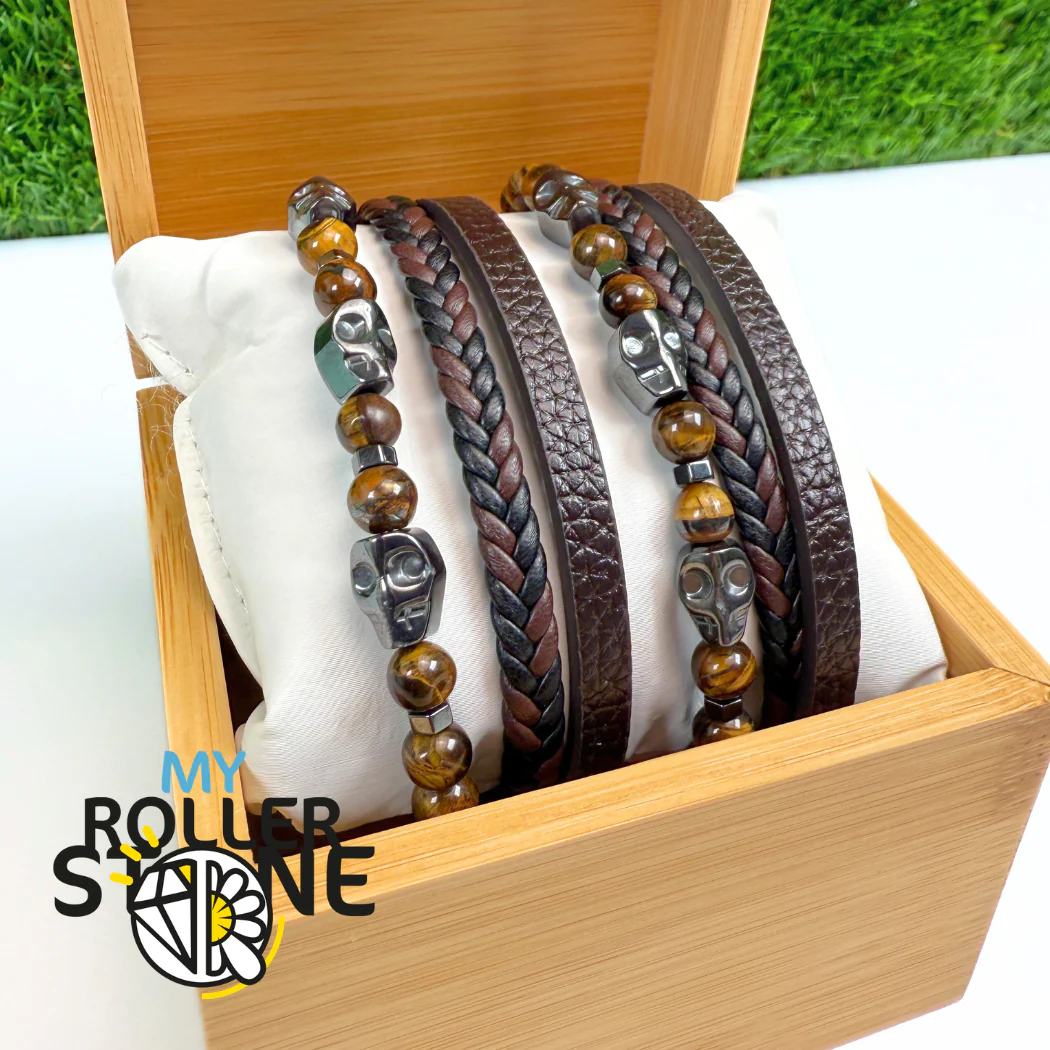 Bracelet Cuir Tête-de-Mort Oeil de Tigre - Image 3