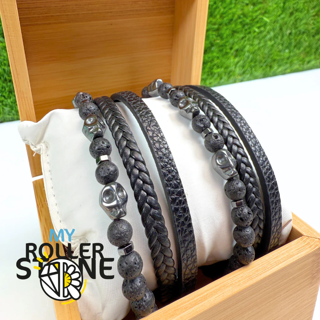 Bracelet Cuir Tête-de-Mort Pierre de Lave - Image 3