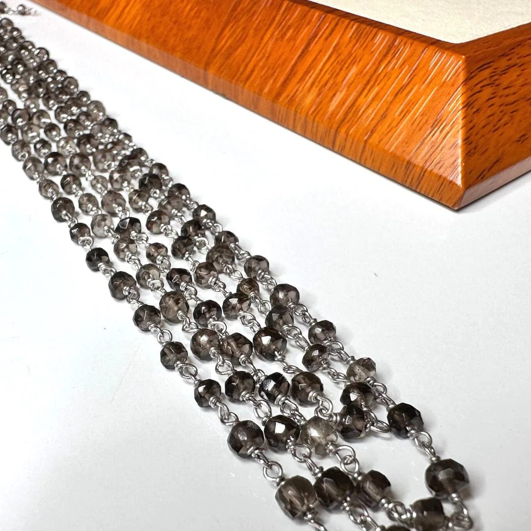 Chaîne perlée Quartz Fumé Argent