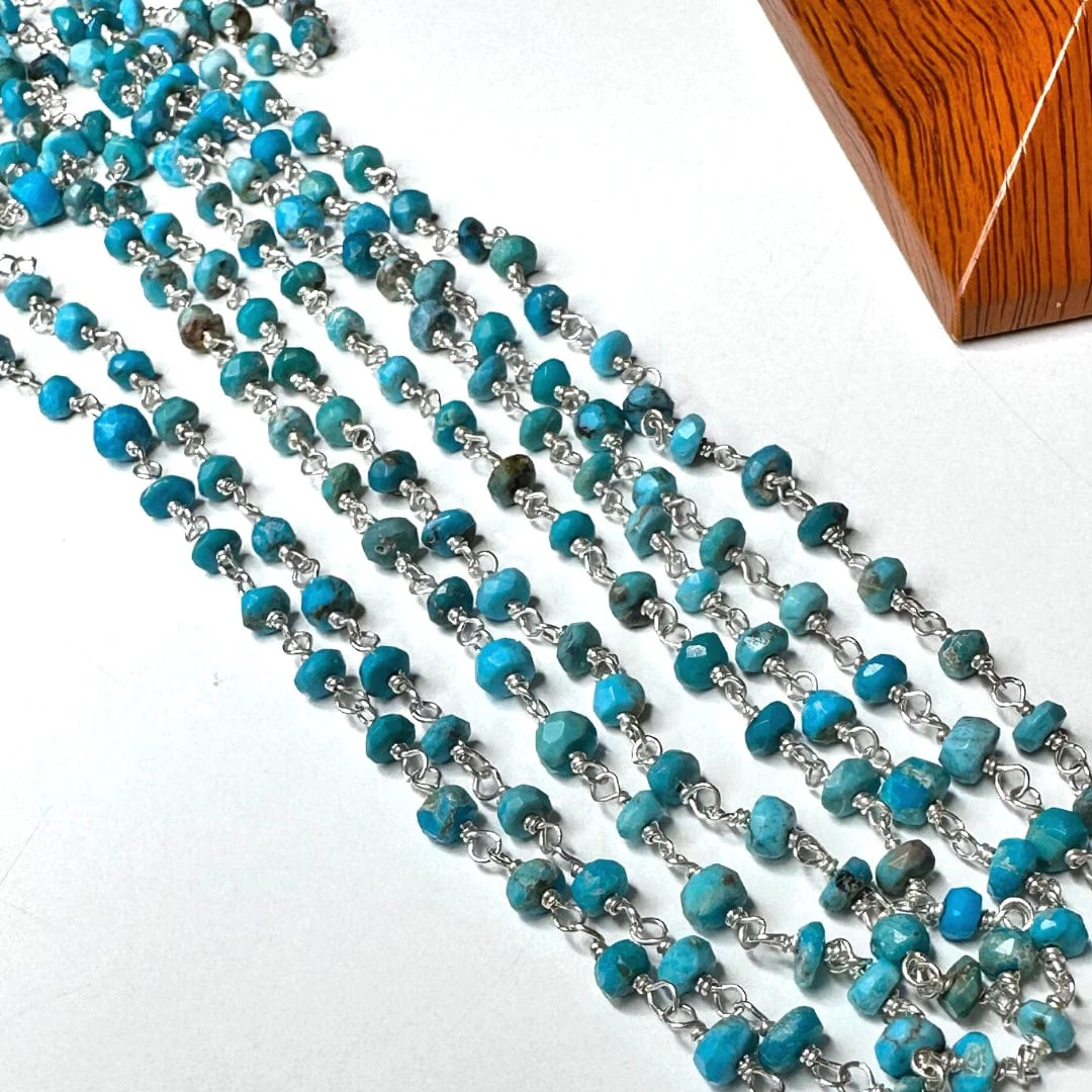 Chaîne perlée Turquoise Kingman Argent/Plaqué Or