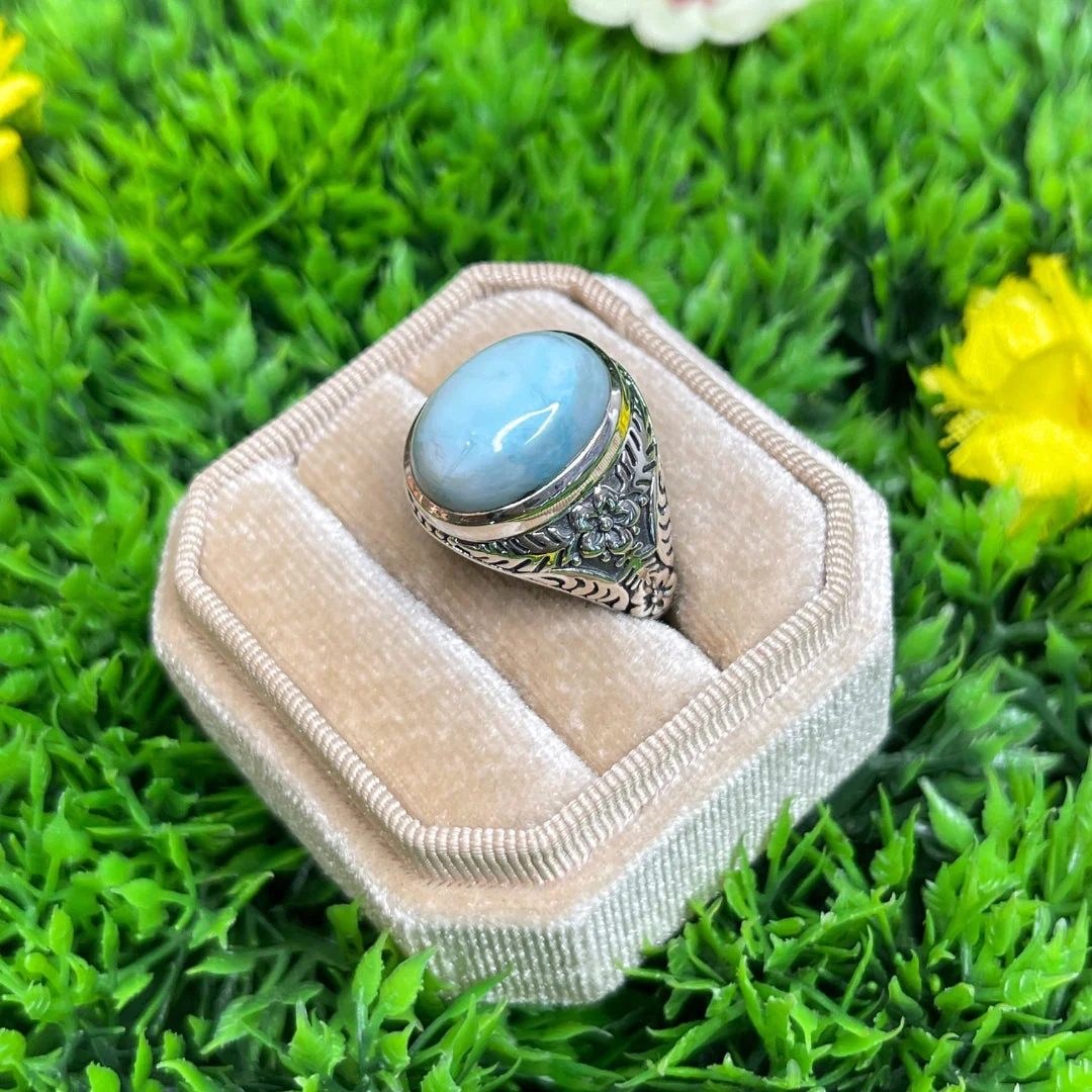 Chevalière Argent Larimar Fleurie #3 - Image 2