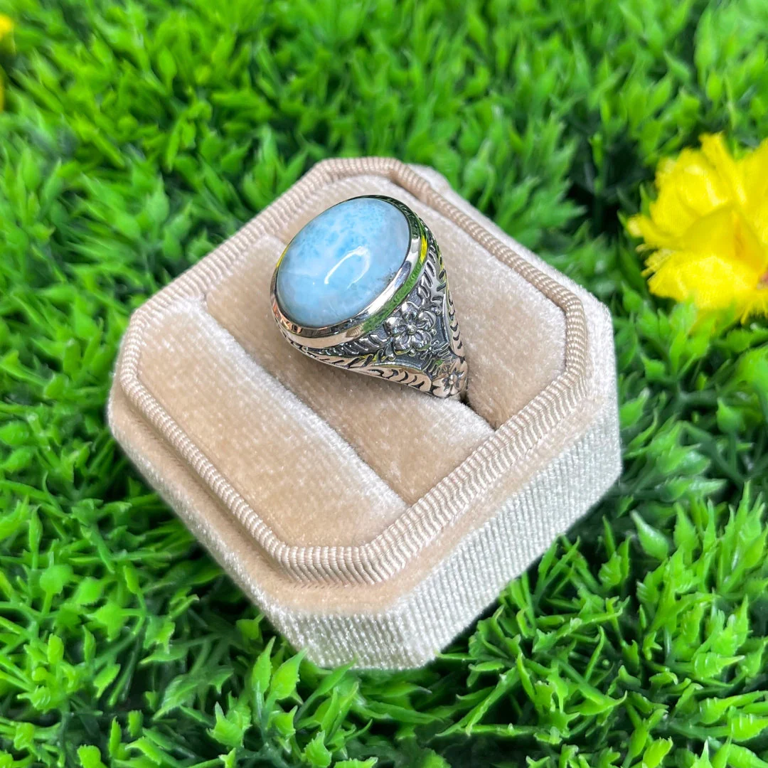 Chevalière Argent Larimar Fleurie #5 - Image 2