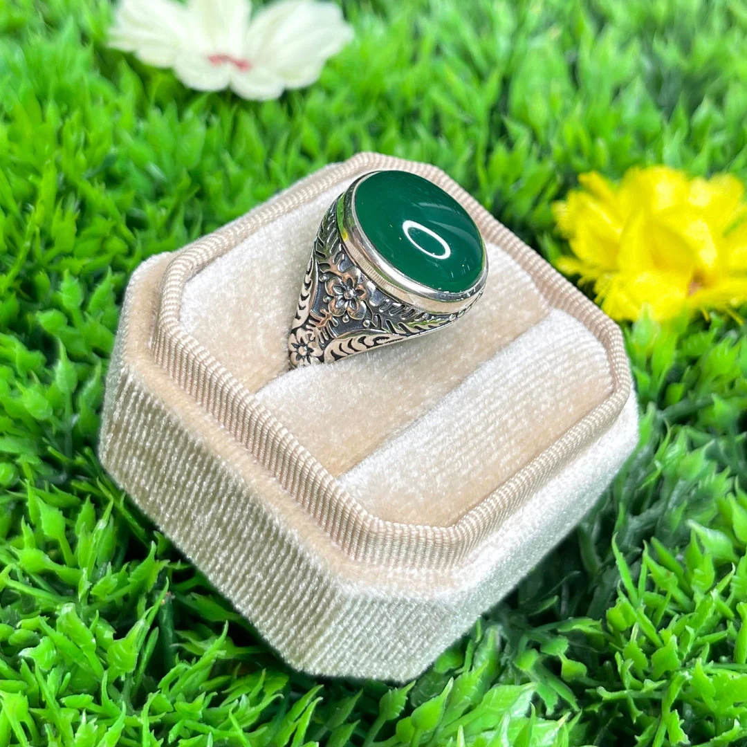 Chevalière Argent Onyx Vert Fleurie - Image 2