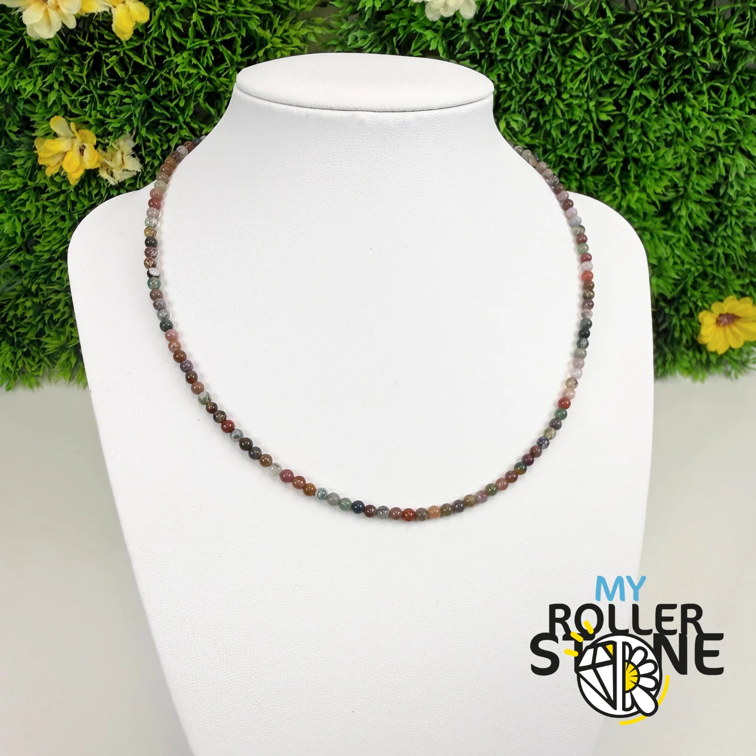 Collier Agate Indienne Naturelle – Perles Fines – Acier Inoxydable Doré