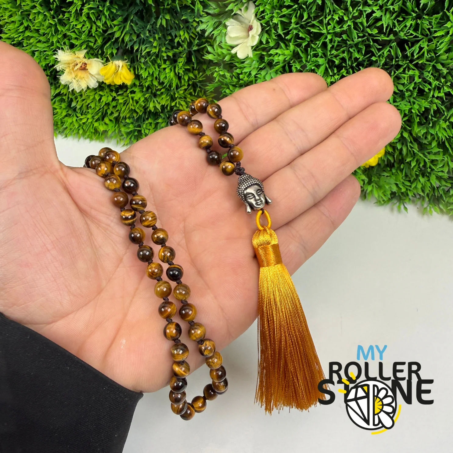 Collier Mala Œil de Tigre Naturel – Tête de Bouddha – Pompon - Image 2