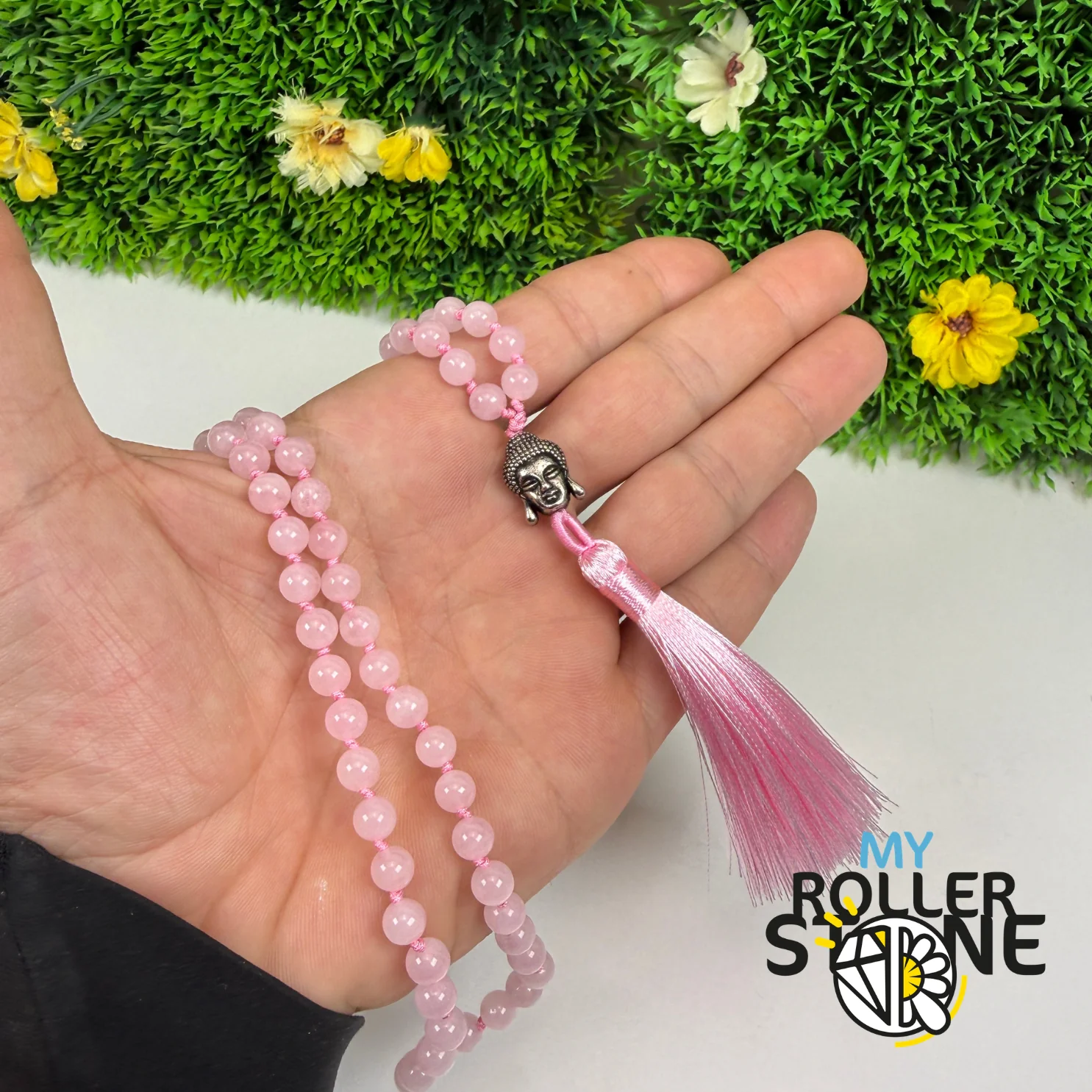 Collier Mala Quartz Rose Naturel – Tête de Bouddha – Pompon - Image 2