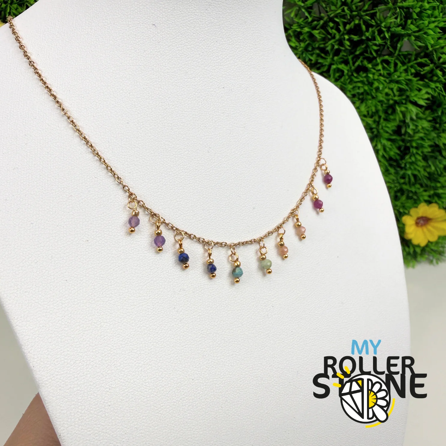 Collier Multi-Pierres Naturelles Facettées – Améthyste, Rubis, Pierre de Soleil & Jaspe ... – Acier Inoxydable Doré