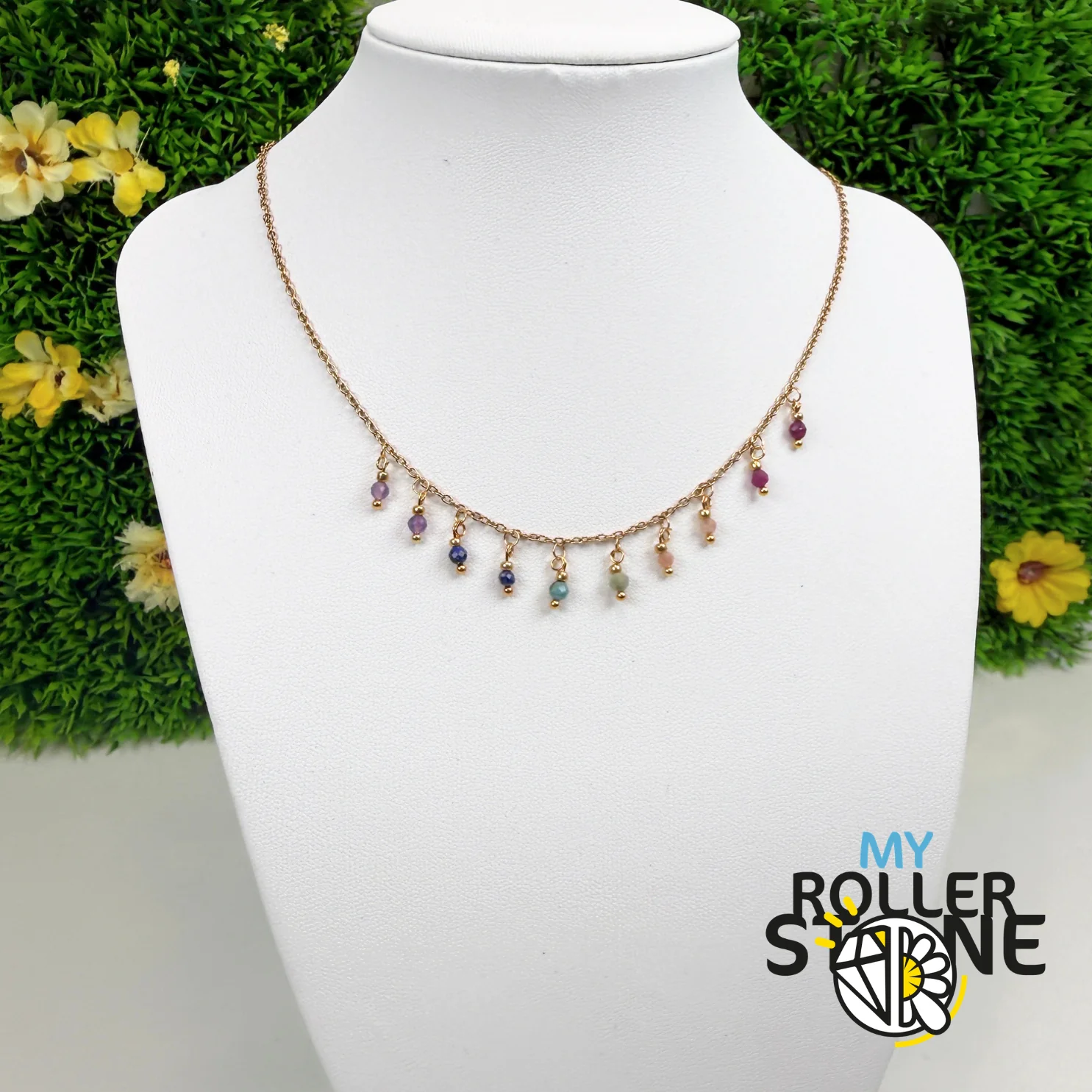 Collier Multi-Pierres Naturelles Facettées – Améthyste, Rubis, Pierre de Soleil & Jaspe ... – Acier Inoxydable Doré - Image 2