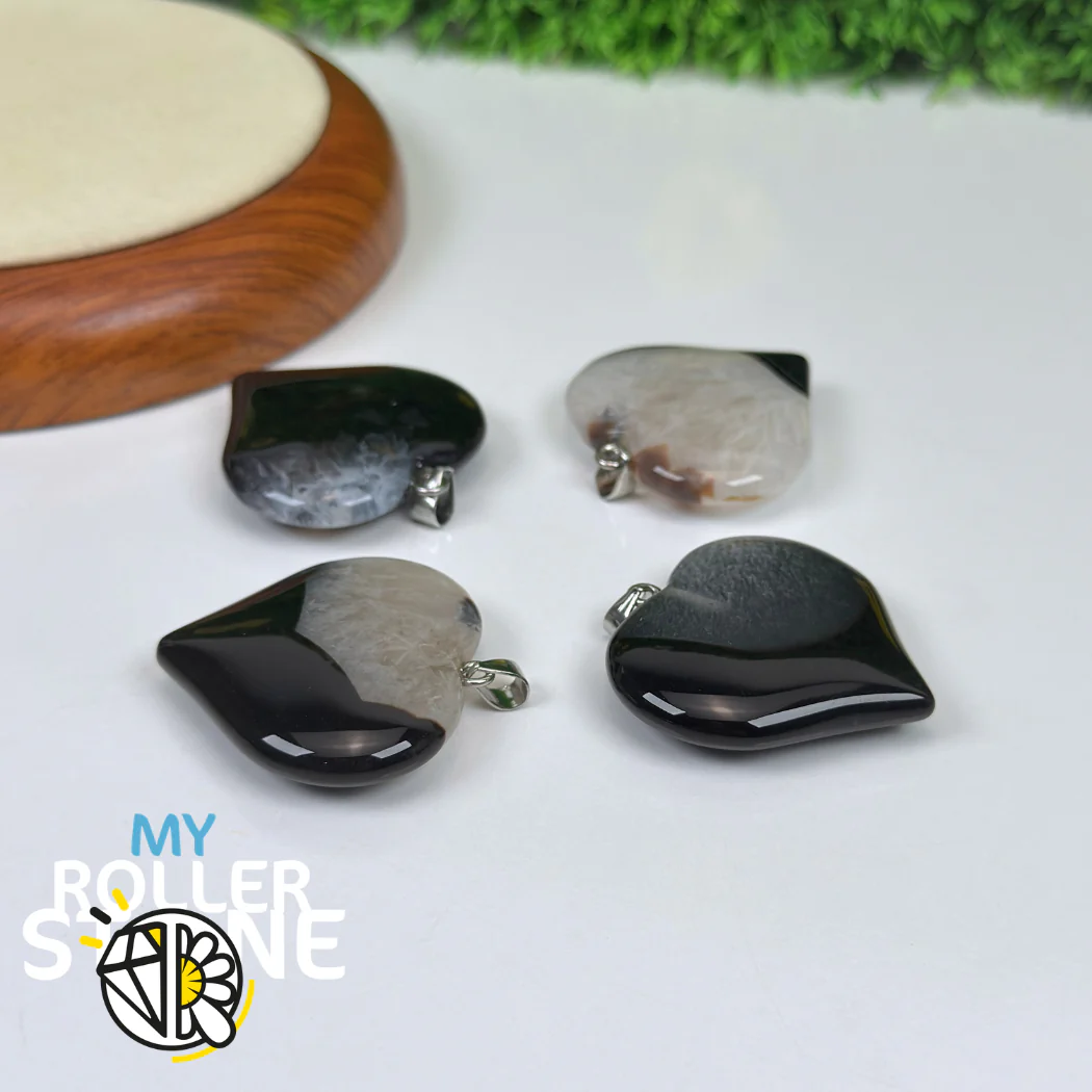 Pendentif Coeur Agate Noire et Cristal de Roche