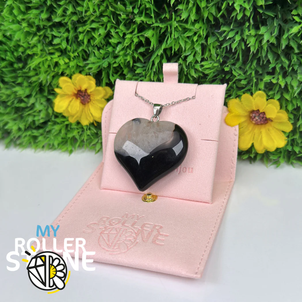 Pendentif Coeur Agate Noire et Cristal de Roche - Image 2