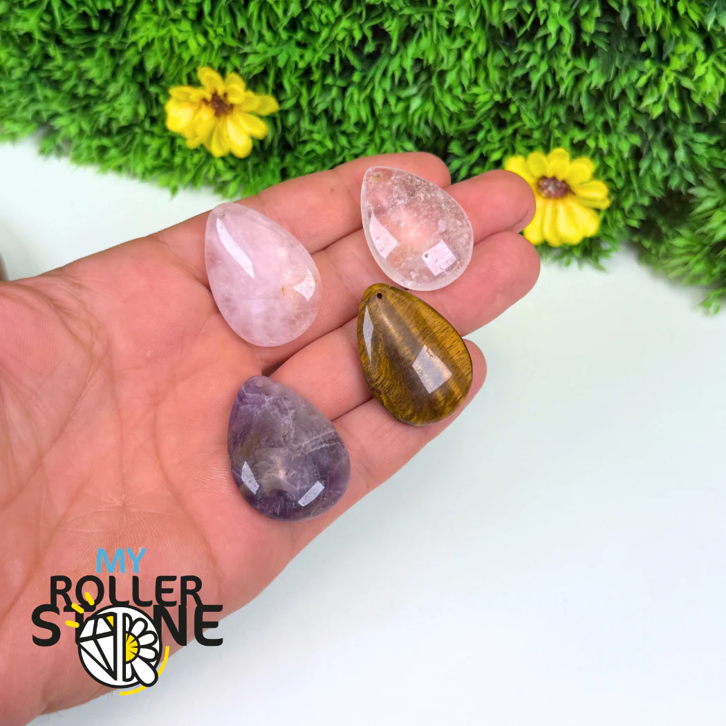Pendentif goutte pierre (Quartz rose, Oeil de tigre,Améthyste,Cristal de roche) - Image 2