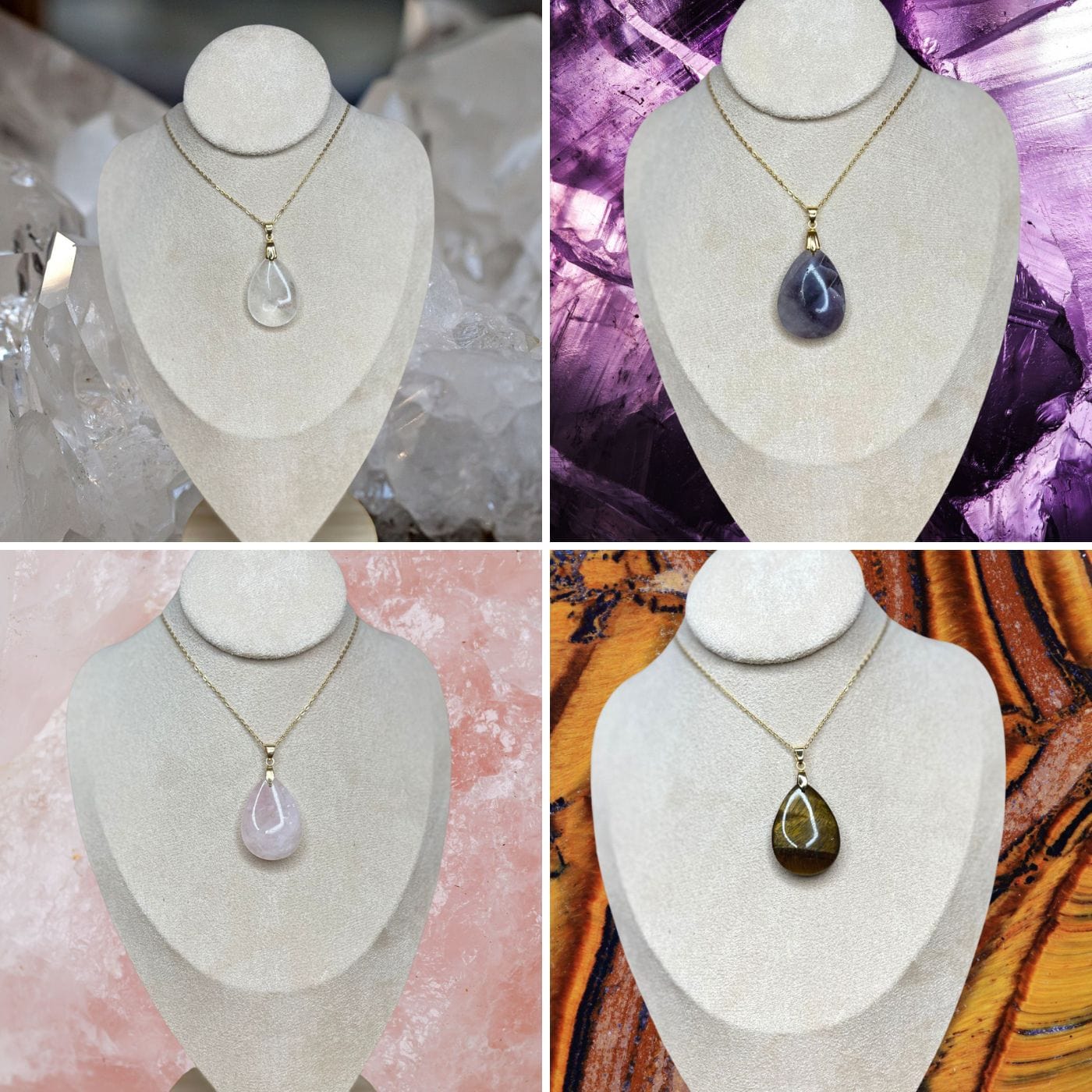 Pendentif goutte pierre (Quartz rose, Oeil de tigre,Améthyste,Cristal de roche) - Image 8