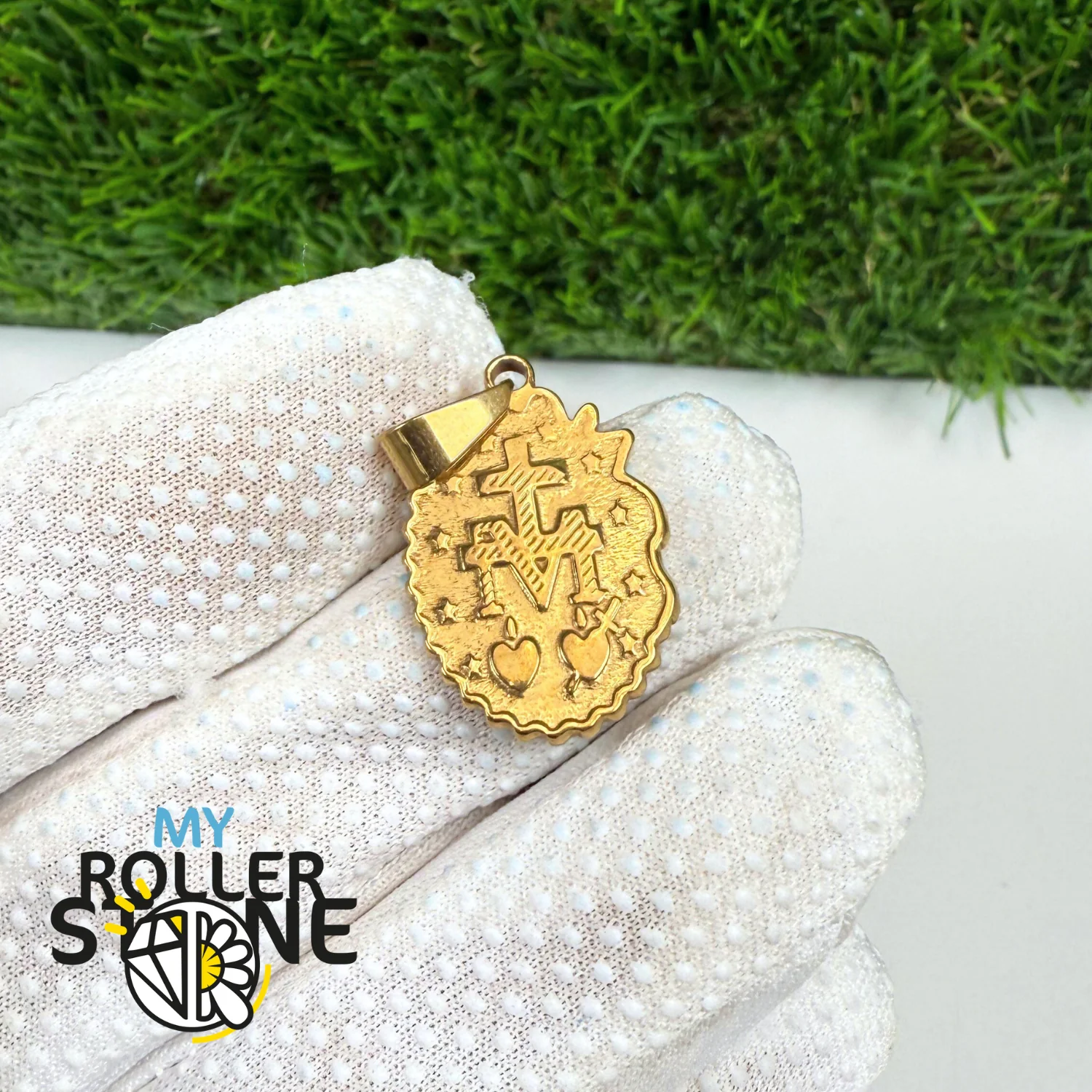 Pendentif Ovale Vierge Marie acier inoxydable doré - Image 3