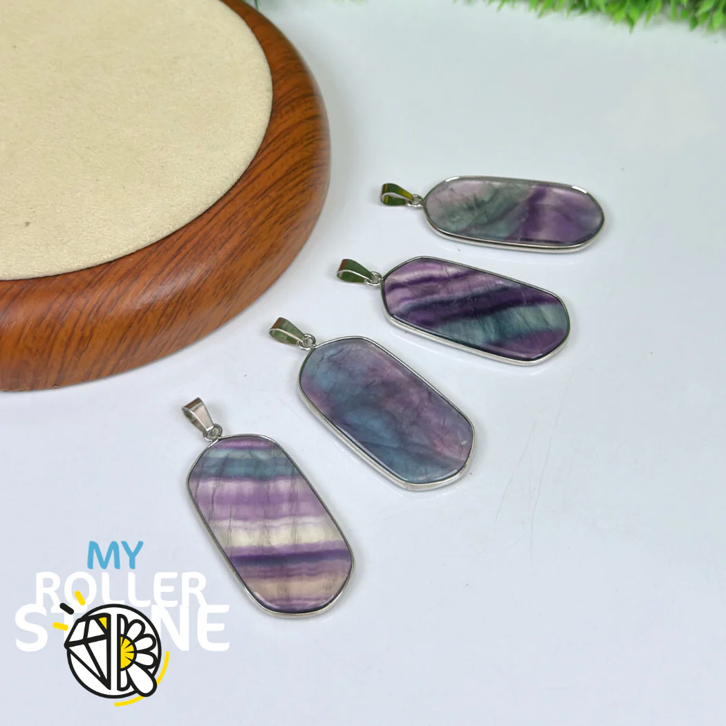 Pendentif serti plaque en Fluorite arc en ciel