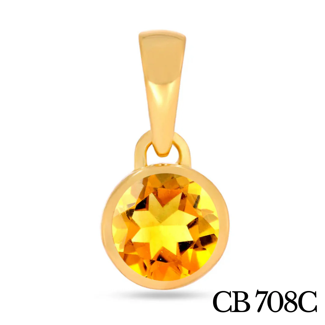Pendentif Soliatire Citrine Sertie Ronde Argent 925 Plaqué Or - Image 3