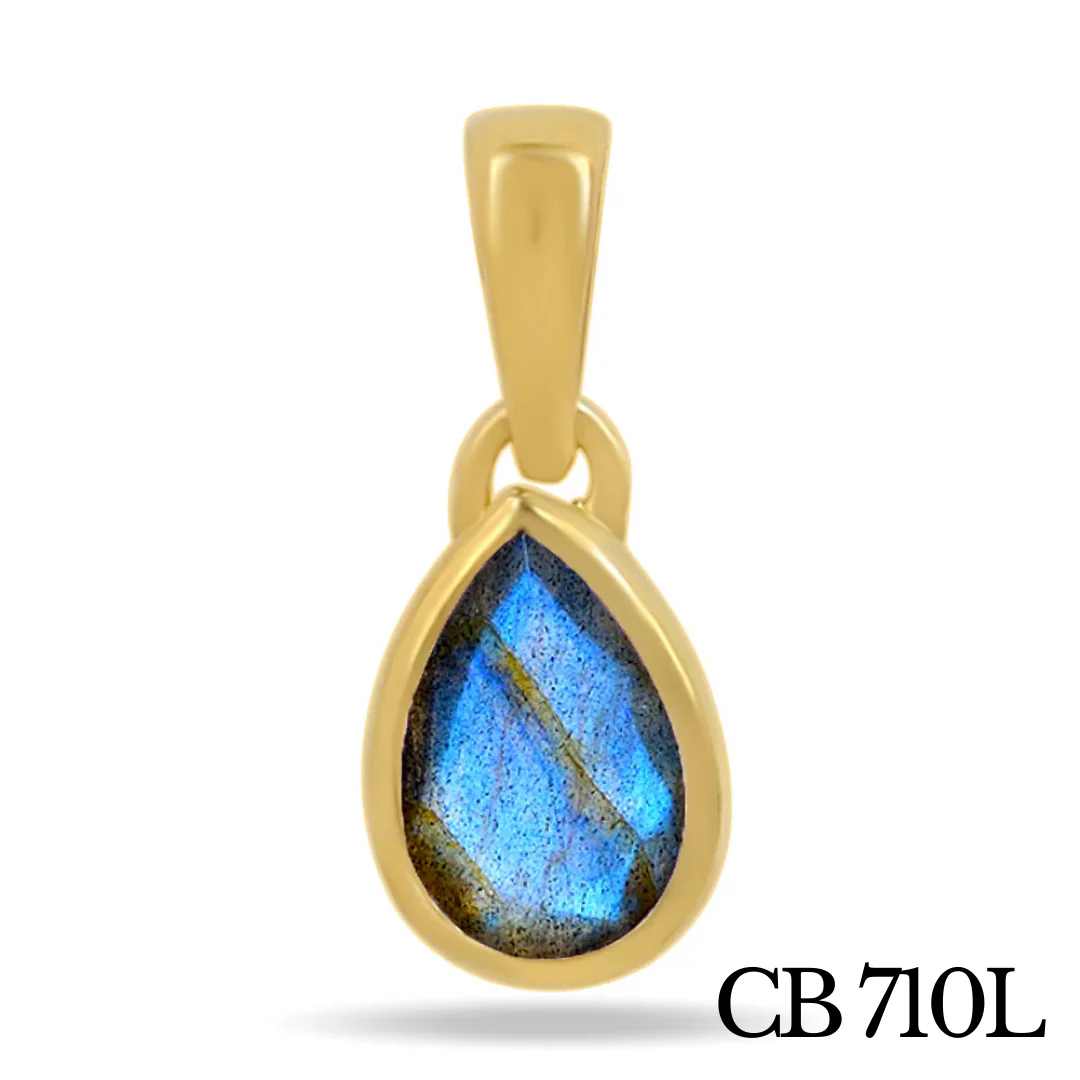 Pendentif Solitaire Serti Goutte Labradorite Argent 925 Plaqué Or - Image 2